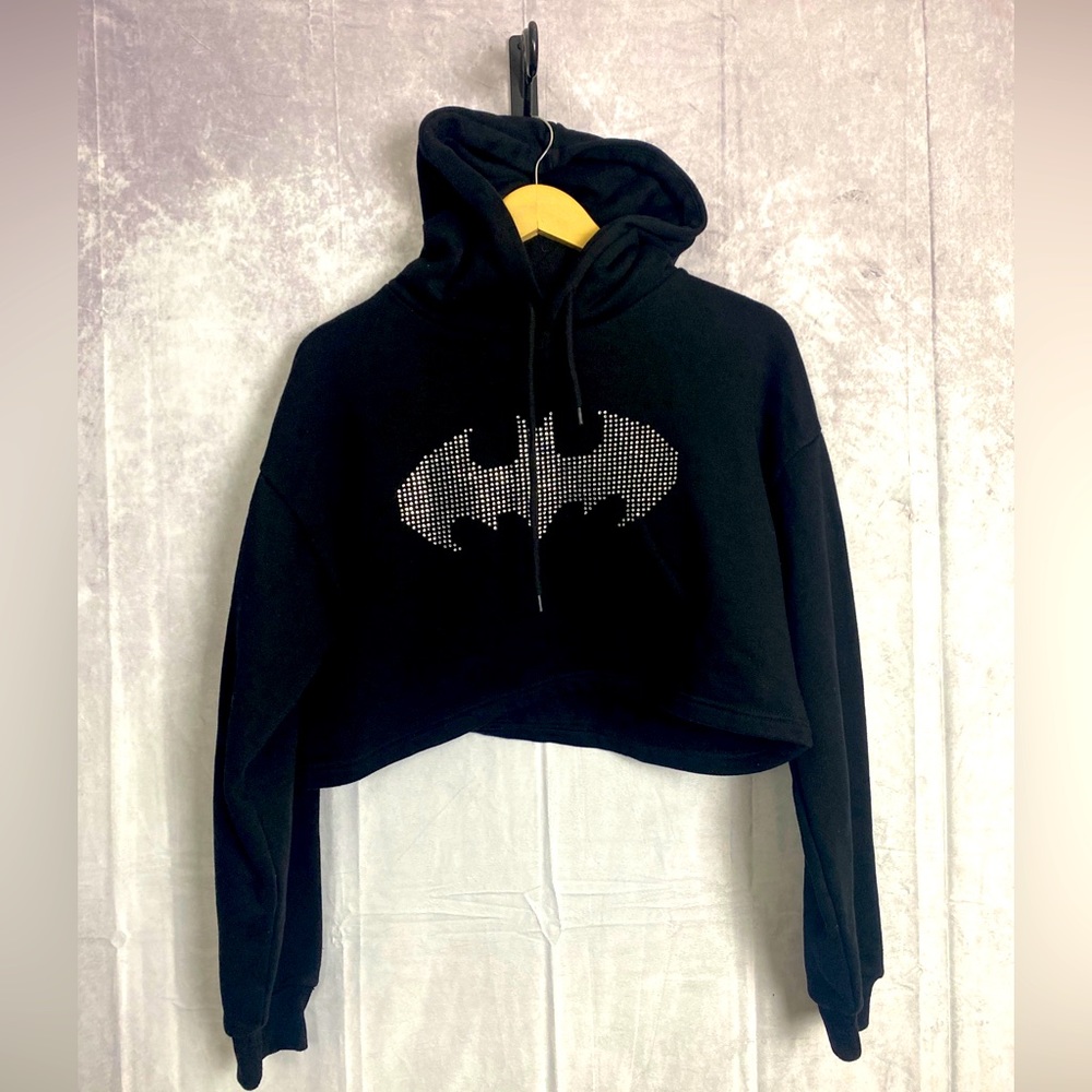 Forever 21 Women's Rhinestone Batman Cropped Black Hoodie Large